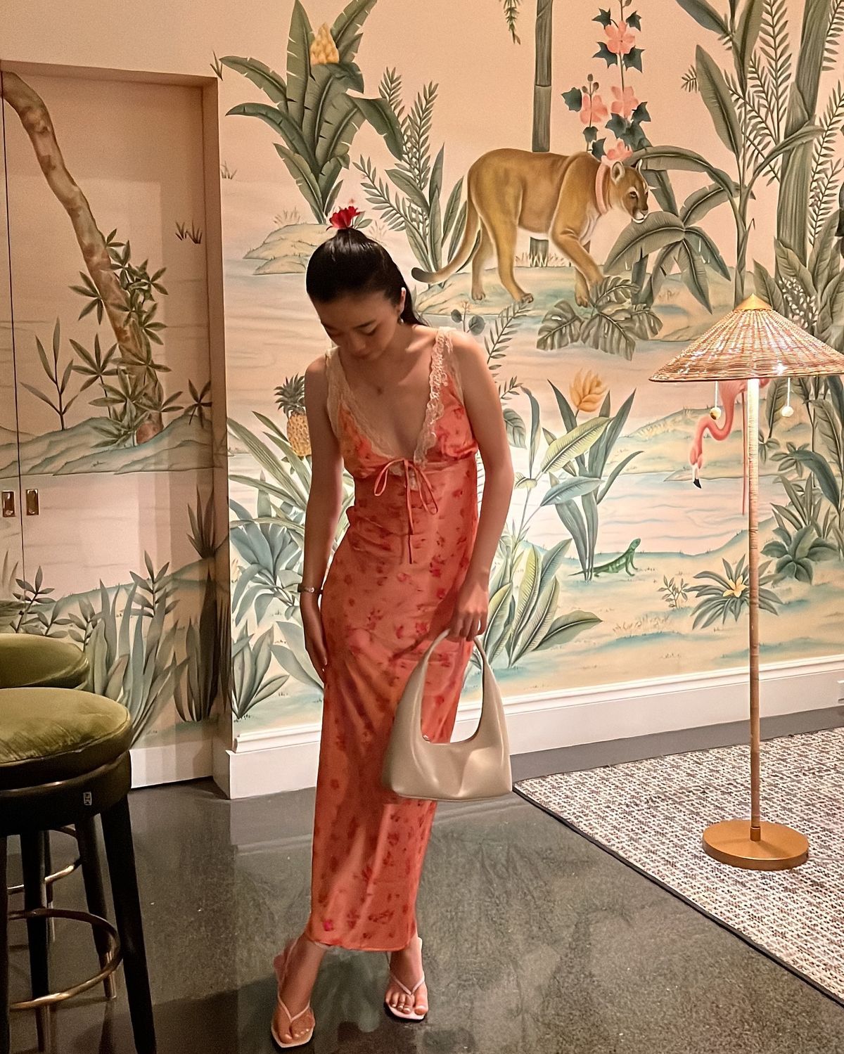 Retro Sweet Pink Floral Print Fitted Halter V-neck Satin Long Prom Dress Evening Dress cc4857