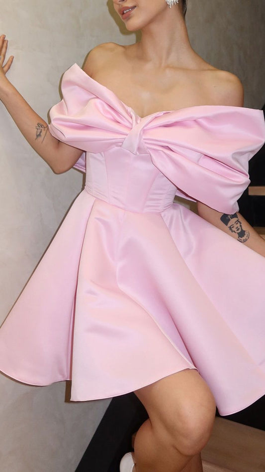 Sweet Pink One-shoulder Bow Waist A-line Satin Birthday Skirt Homecoming Dress cc4157