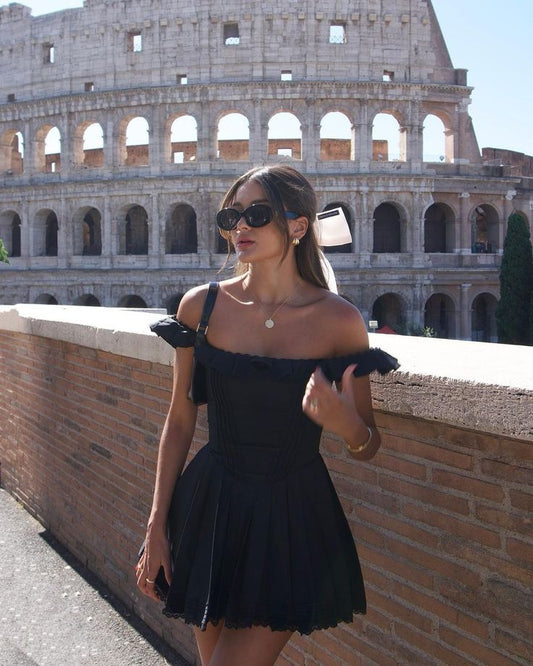 French Retro Black One-shoulder Lace A-line Birthday Party Homecoming Dress cc4158