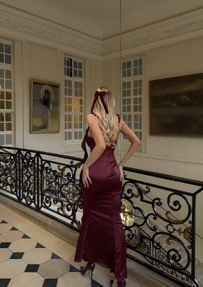 Elegant Burgundy Mermaid Ruffled Satin Long Prom Dress Evening Dress Bridesmaid Dress cc4858