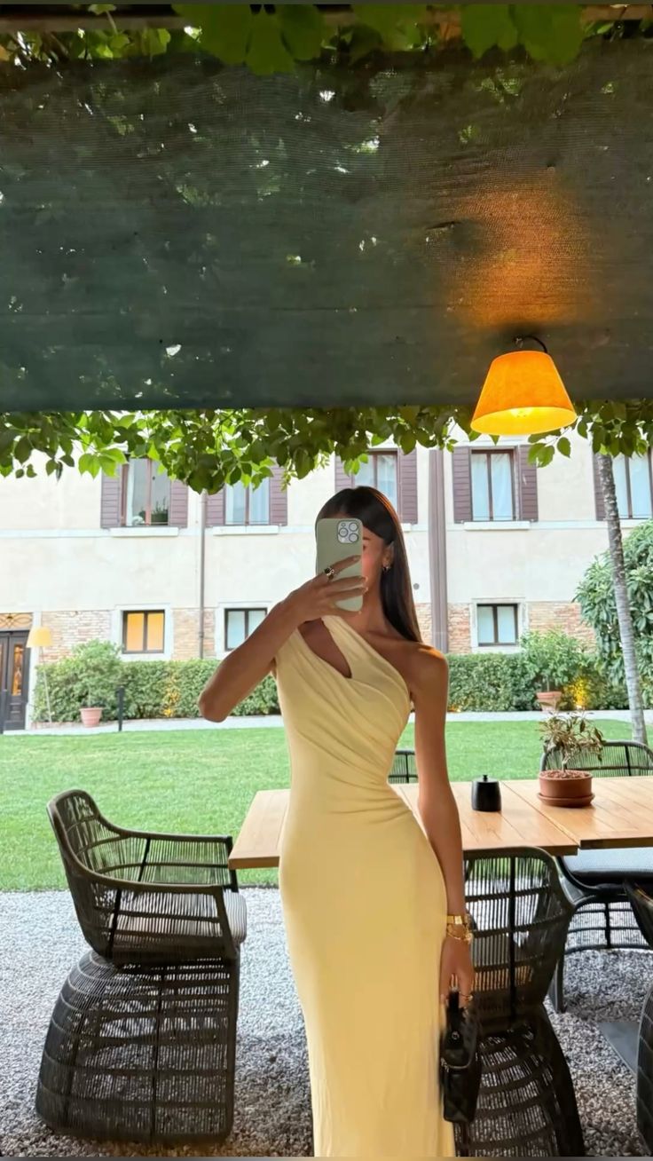 Elegant And Simple Yellow Slim One-shoulder Satin Long Prom Dress Evening Dress cc4716