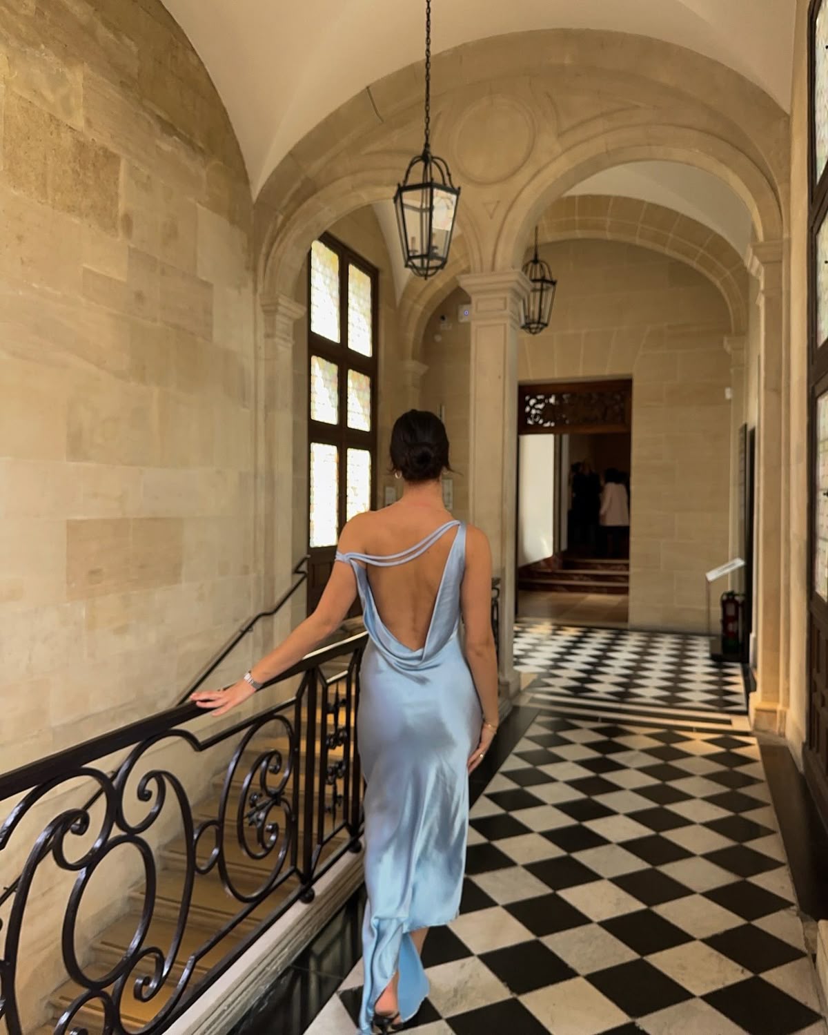 Elegant Light Blue Fitted Halter Neck Backless Satin Long Prom Dress Evening Dress cc4860