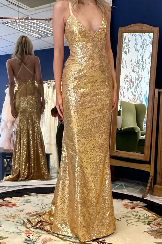 Luxurious And Sparkling Gold Mermaid Halter V-neck Sequined Long Prom Dress Evening Dress cc4861