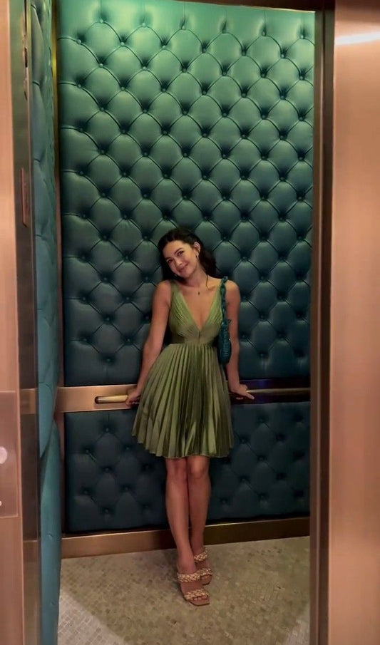 Elegant Olive Green Deep V Neck Pleated Satin A-Line Birthday Dress Homecoming cc4161