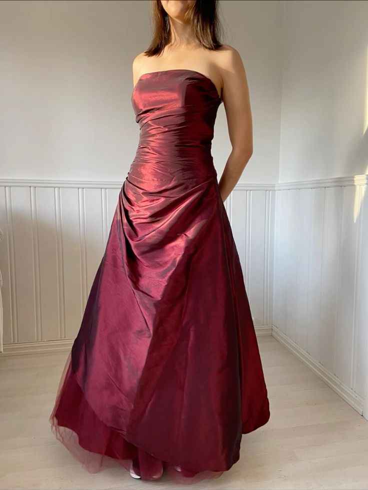 Elegant Burgundy A-line Strapless Satin Long Prom Dress Evening Dress cc4864