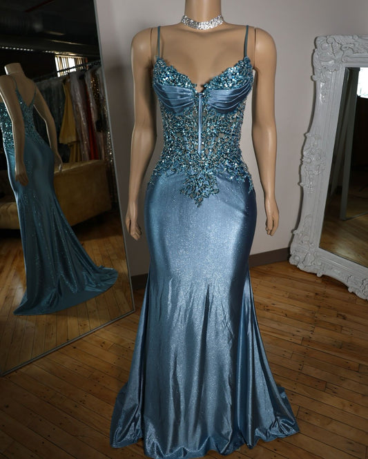 Elegant Blue Mermaid Deep V Halter Beaded Satin Long Prom Dress Evening Dress cc4865