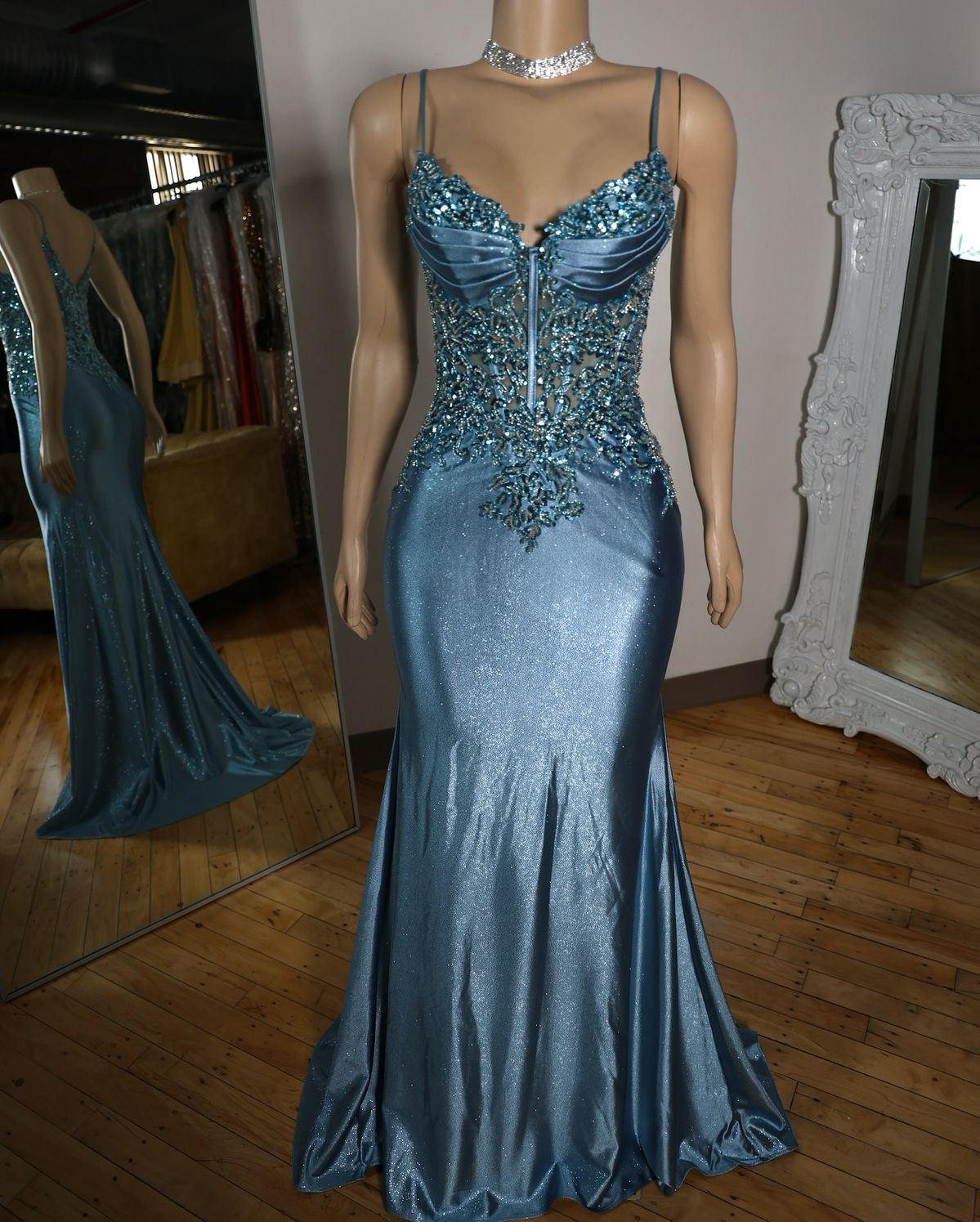 Elegant Blue Mermaid Deep V Halter Beaded Satin Long Prom Dress Evening Dress cc4865