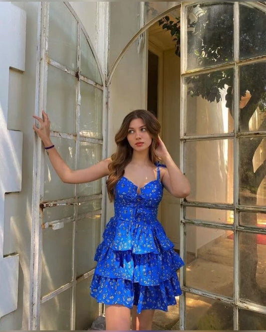 Sweet Blue Floral Suspender Layered A-line 16th Birthday Homecoming Dress cc4167
