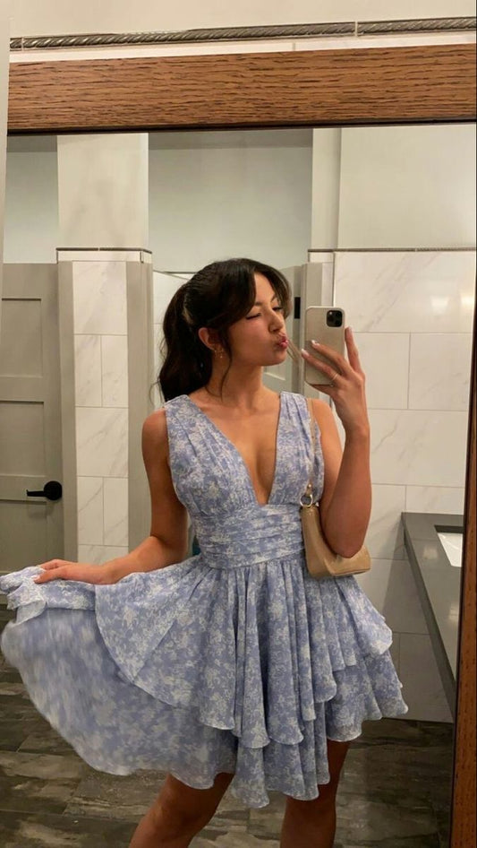 Fresh And Sweet Light Blue Floral V-neck Waist Chiffon A-line Birthday Homecoming Dress cc4168