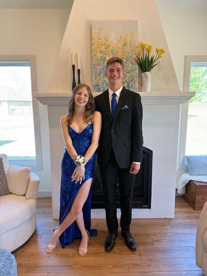 Gorgeous Royal Blue Slim-fit Spaghetti Strap Slit Sequined Long Prom Dress Evening Dress Bridesmaid Dress cc4717