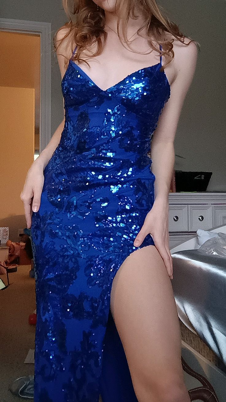 Gorgeous Royal Blue Slim-fit Spaghetti Strap Slit Sequined Long Prom Dress Evening Dress Bridesmaid Dress cc4717