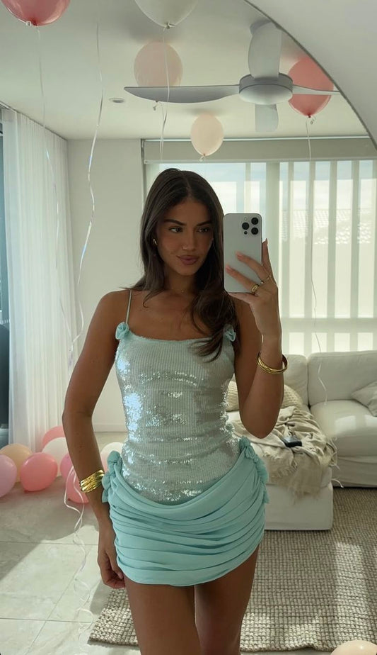 Sparkling Mint Green Sequined Pleated Chiffon Hip-hugging 17th Birthday Homecoming Dress cc4170