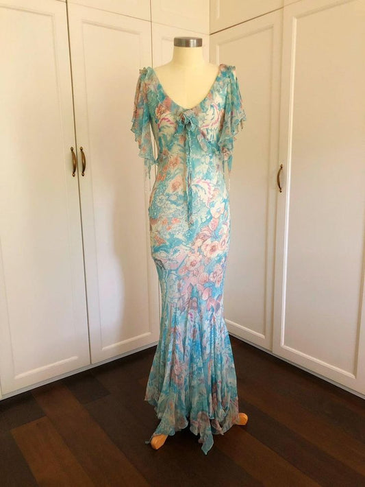 Retro Print Mermaid Ruffle V-neck Chiffon Long Prom Dress Evening Dress cc4870