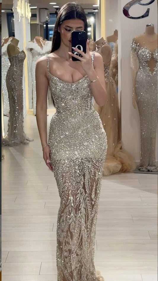 Sparkling Silver Mermaid Strappy Rhinestone Long Prom Dress Evening Dress cc4871