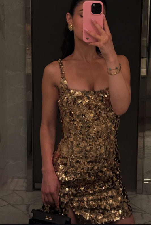Retro Gold Square Neck Sequined Slim Fit Hip 19th Birthday Homecoming Dress cc4173