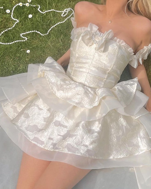 Sweet White Jacquard Satin Multi-Layered Tulle 16th Birthday Homecoming Dress cc4175