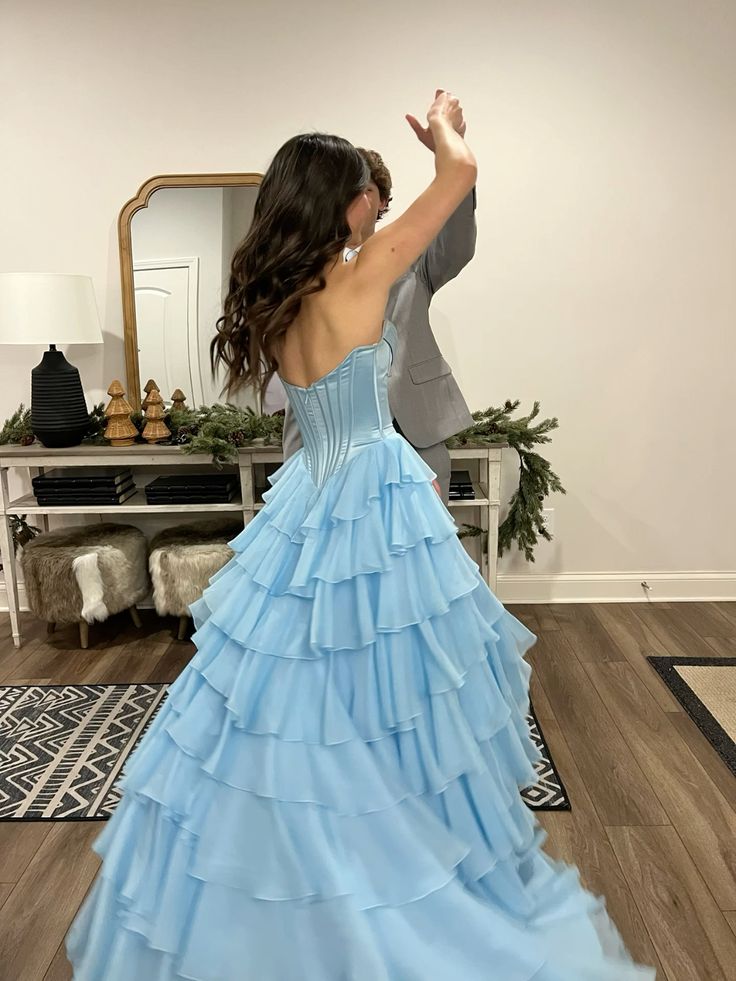 Princess Blue A-line Strapless Layered Chiffon Long Prom Dress Evening Dress cc4876