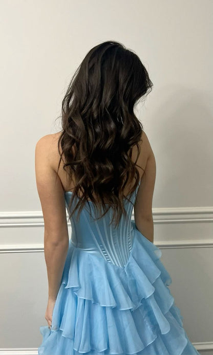 Princess Blue A-line Strapless Layered Chiffon Long Prom Dress Evening Dress cc4876