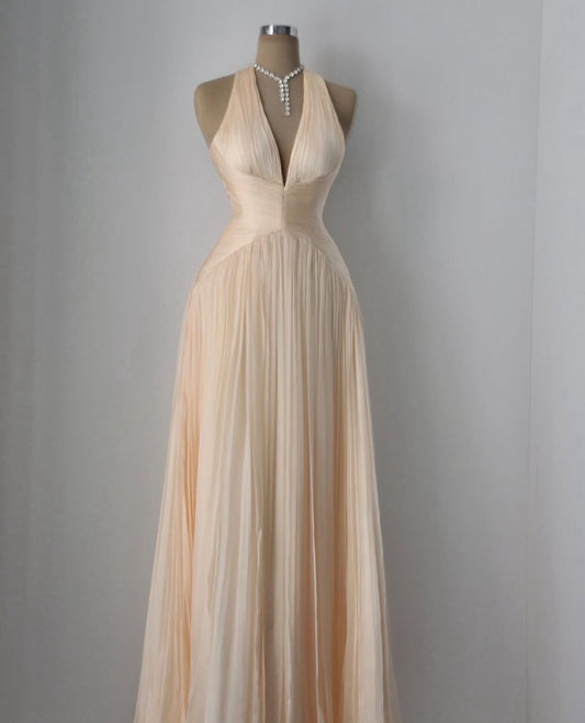 Elegant Nude Pink A-line Deep V Halter Neck Chiffon Long Prom Dress Evening Dress cc4878