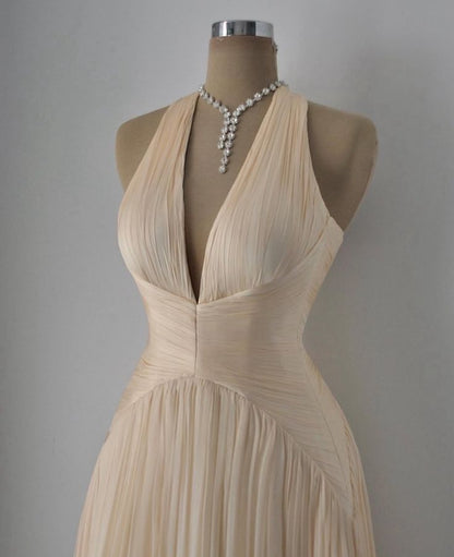 Elegant Nude Pink A-line Deep V Halter Neck Chiffon Long Prom Dress Evening Dress cc4878