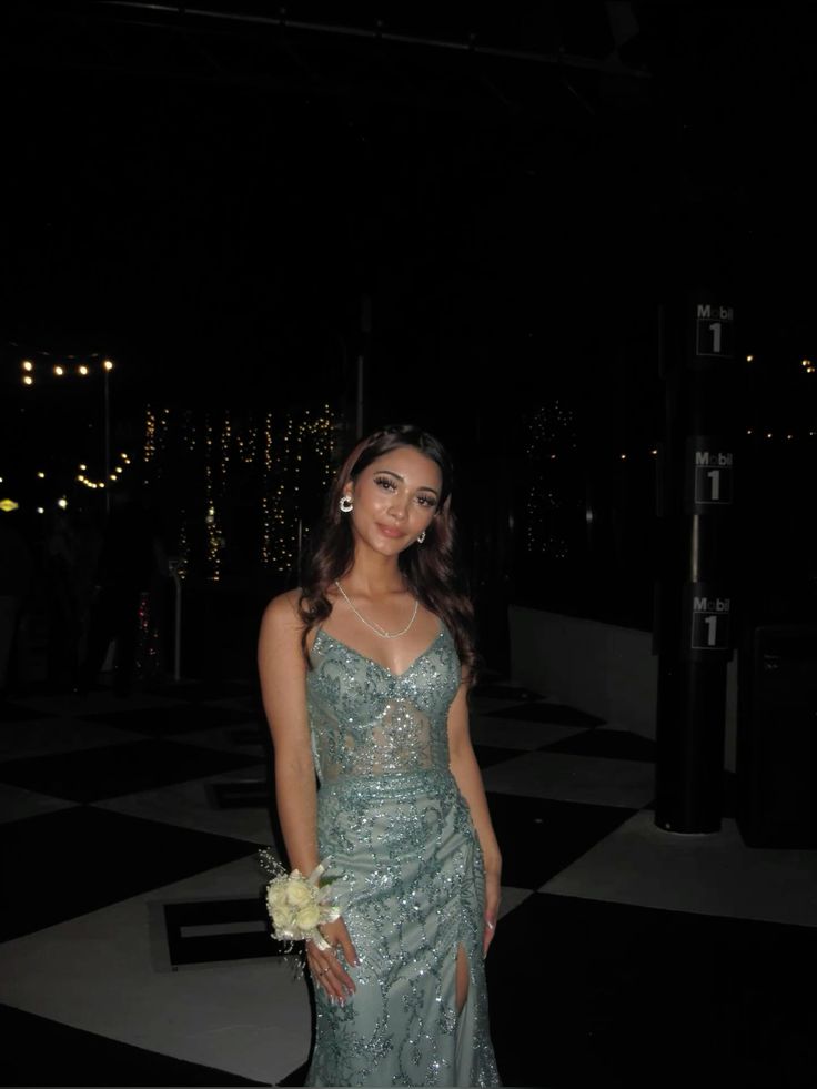 Elegant Light Teal Slim Fit Deep V Strap Sequined Long Prom Dress Evening Dress cc4718