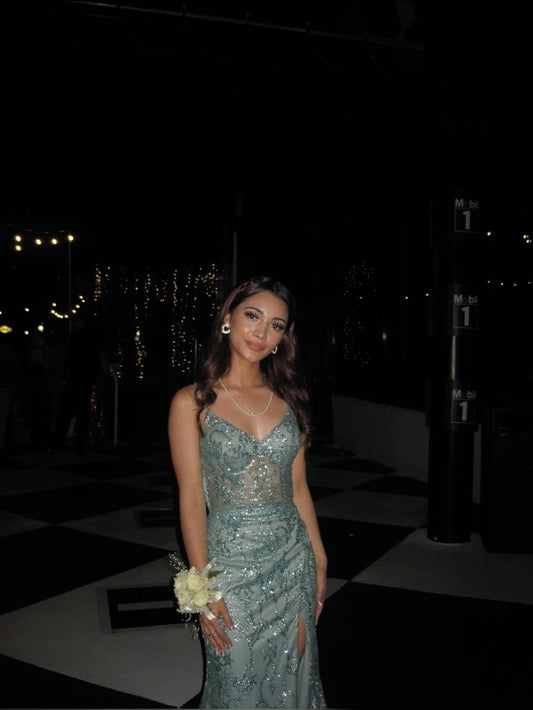 Elegant Light Teal Slim Fit Deep V Strap Sequined Long Prom Dress Evening Dress cc4718