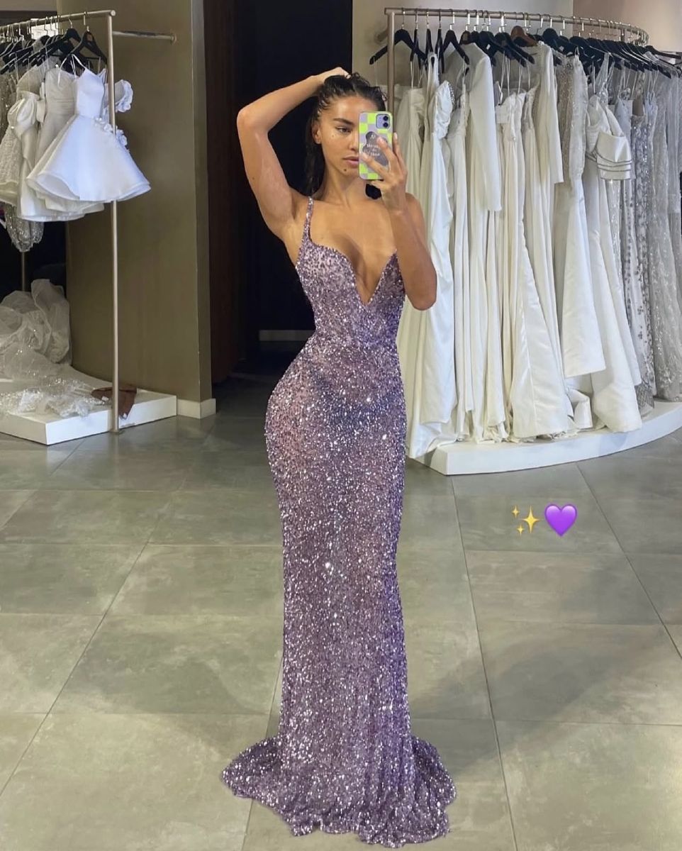 Luxurious Purple Mermaid Deep V Halter Sequined Long Prom Dress Evening Dress cc4880