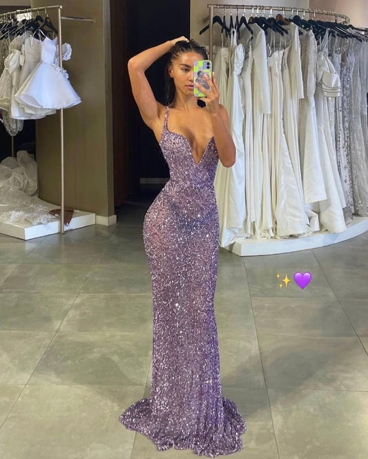 Luxurious Purple Mermaid Deep V Halter Sequined Long Prom Dress Evening Dress cc4880