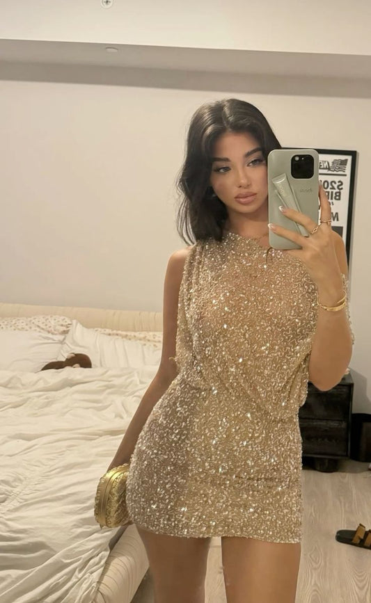 Gorgeous Gold Sequined Sleeveless Fitted 19th Birthday Homecoming Dress cc4181