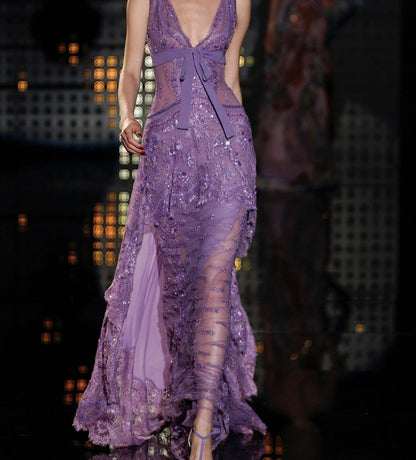 Dreamy Purple Deep V-neck Lace Long Prom Dress Evening Dress cc4882