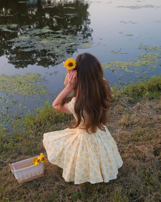 Fresh Yellow Floral Short-sleeved A-line 16th Birthday Homecoming Dress cc4184