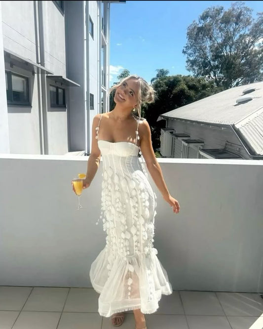 Sweet White Mermaid Halter Top With 3D Petal Tulle Prom Dress Evening Dress cc4885