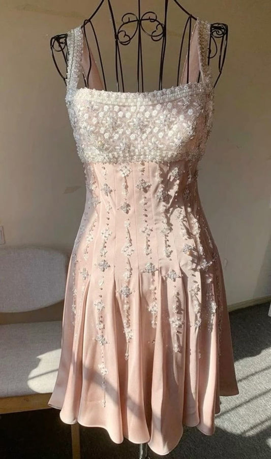 Vintage Pink Square Neck Wide Shoulder Strap Sequin Embroidered Satin Birthday Party Homecoming Dress cc4186