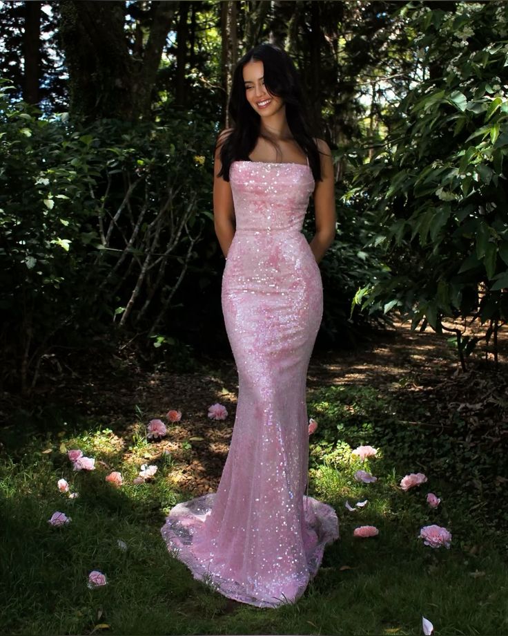 Sweet Pink Mermaid Halter Sequined Train Prom Dress Evening Dress cc4886