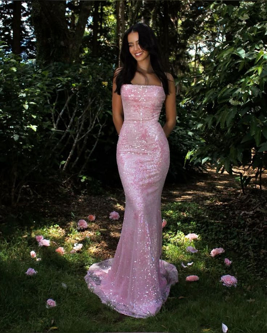 Sweet Pink Mermaid Halter Sequined Train Prom Dress Evening Dress cc4886