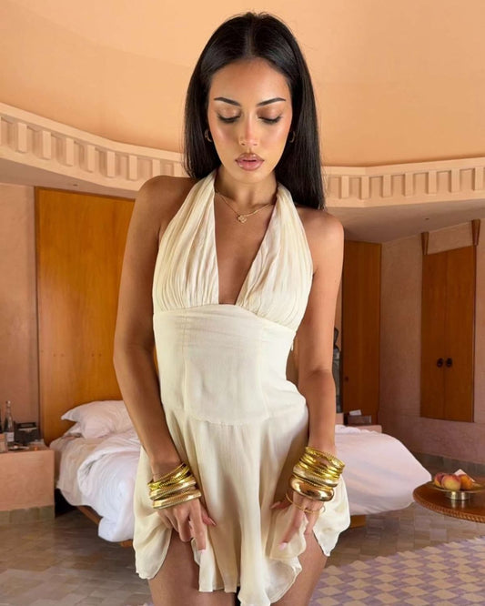 Simple Off-white Halterneck Deep V-neck Chiffon 17th Birthday Homecoming Dress cc4187