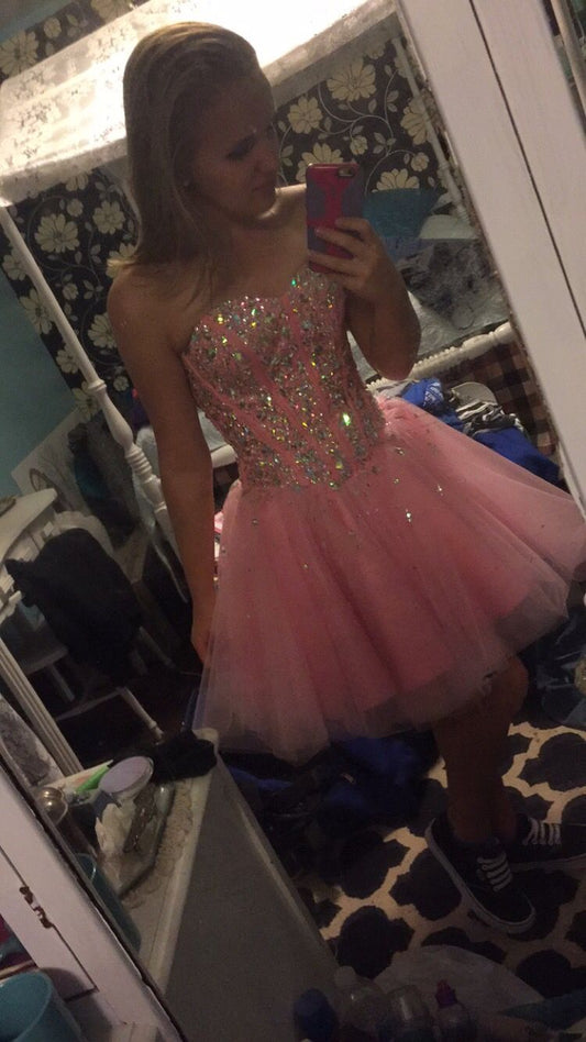 Sweet Princess Pink Rhinestone Tulle A-Line 16th Birthday Homecoming Dress cc4190