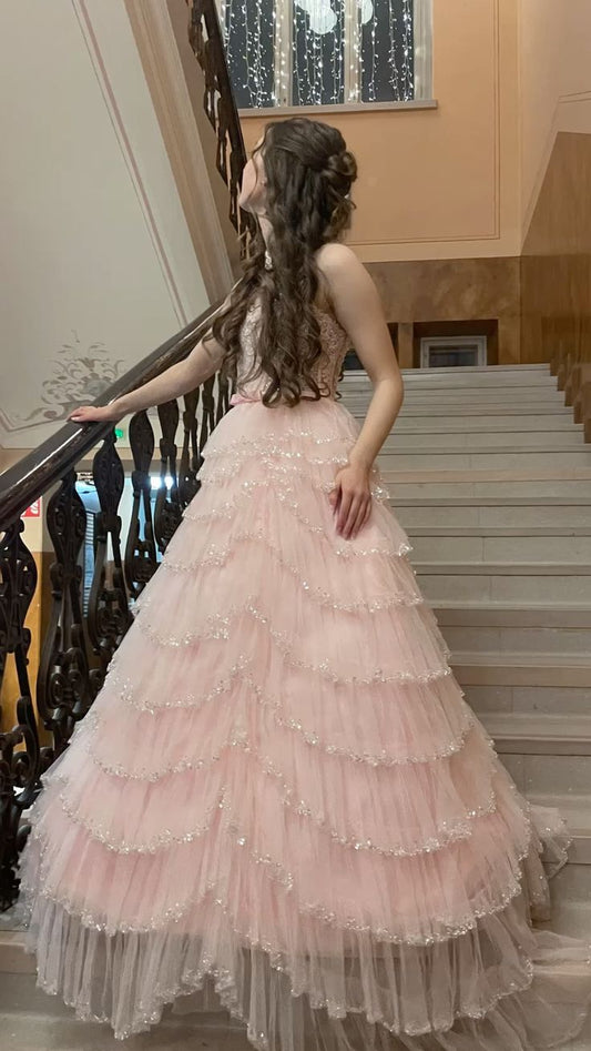 Dreamy Princess Pale Pink Strappy Layered Tulle Ball Gown Evening Dress Sweet 16th Birthday cc4891