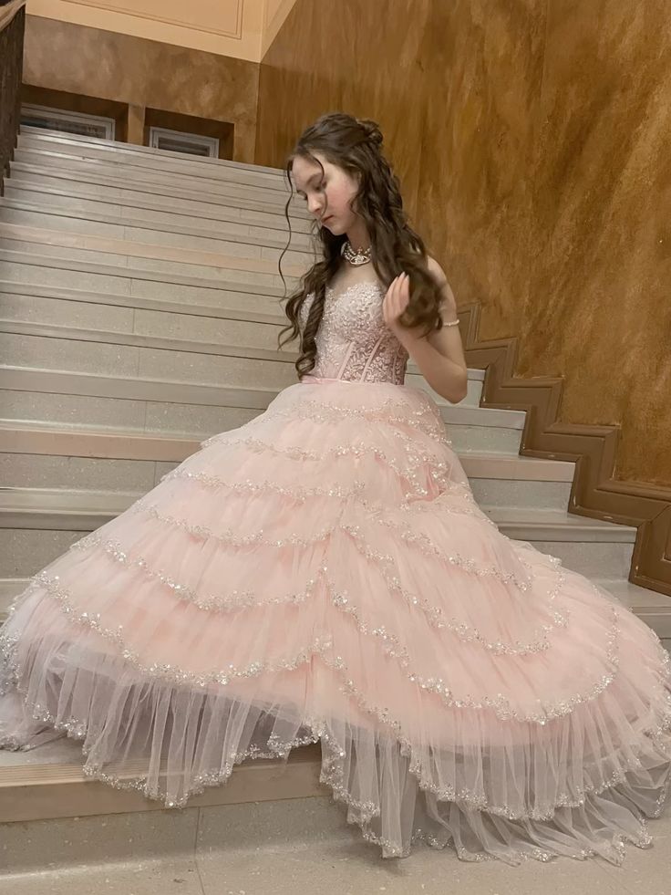 Dreamy Princess Pale Pink Strappy Layered Tulle Ball Gown Evening Dress Sweet 16th Birthday cc4891
