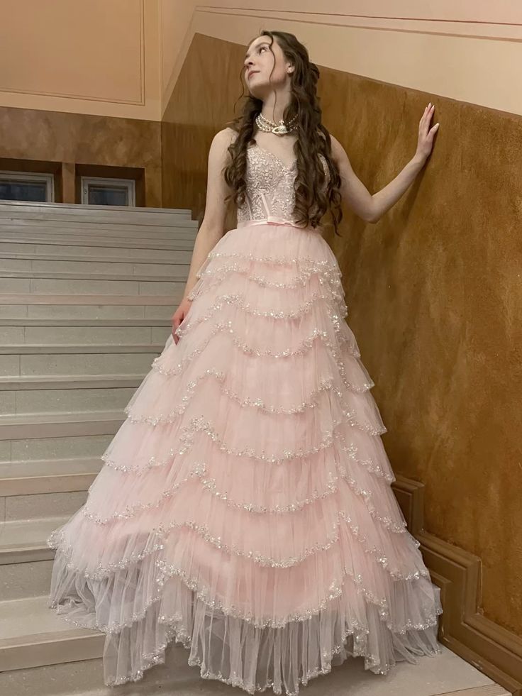 Dreamy Princess Pale Pink Strappy Layered Tulle Ball Gown Evening Dress Sweet 16th Birthday cc4891