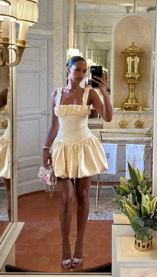 Sweet Beige Square Neck Bud Satin 17th Birthday Homecoming Dress cc4192