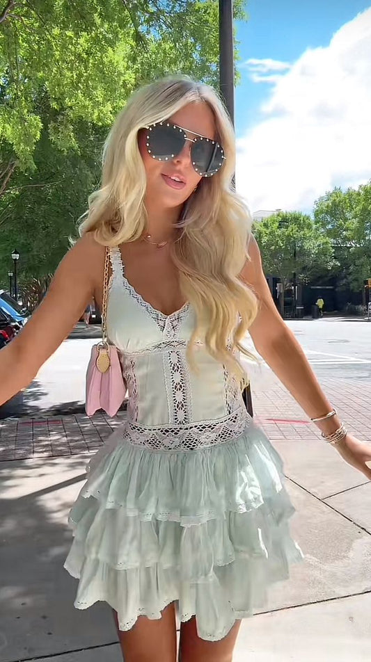 Fresh Mint Green Deep V White Lace Splicing Cascading A-line 16th Birthday Homecoming Dress cc4193