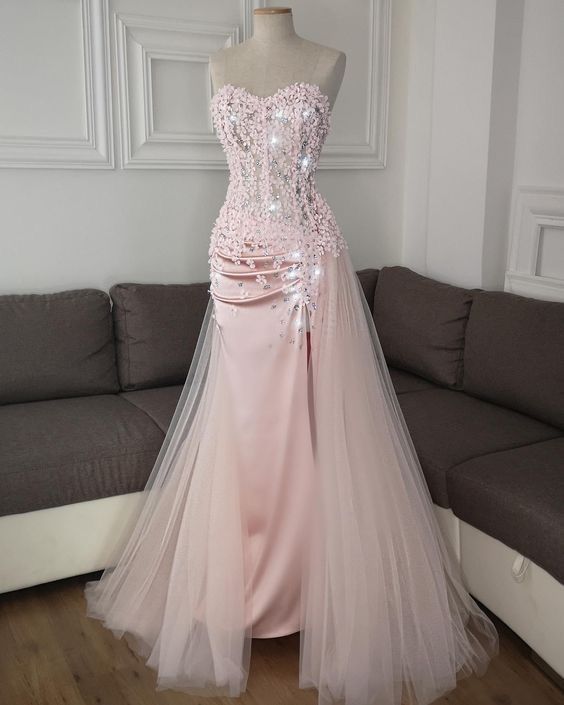 Dreamy Pink Mermaid Heart Neck Satin Tulle Long Prom Dress Evening Dress cc4893