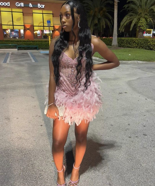 Gorgeous Pink Rhinestone Embroidered Feather Skirt 16th Birthday Homecoming Dress cc4195