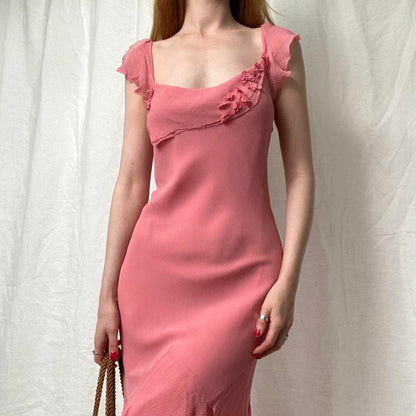 Elegant Pink Mermaid Ruffled Chiffon Long Prom Dress Evening Dress cc4895
