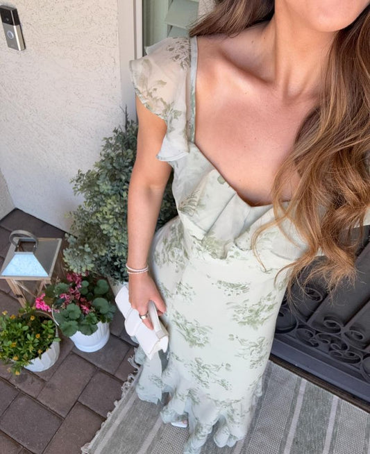 Beautiful Light Green A-line Floral Print Ruffled A-line Chiffon Long Prom Dress Evening Dress cc4896