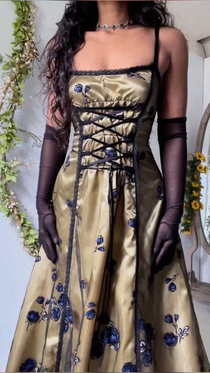 Retro A-line Halter Square Neck Tie Satin Long Prom Dress Evening Dress cc4898