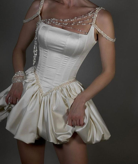 Vintage Ivory Beaded Shoulder Strap Flower Bud 17th Birthday Homecoming Dress cc4001