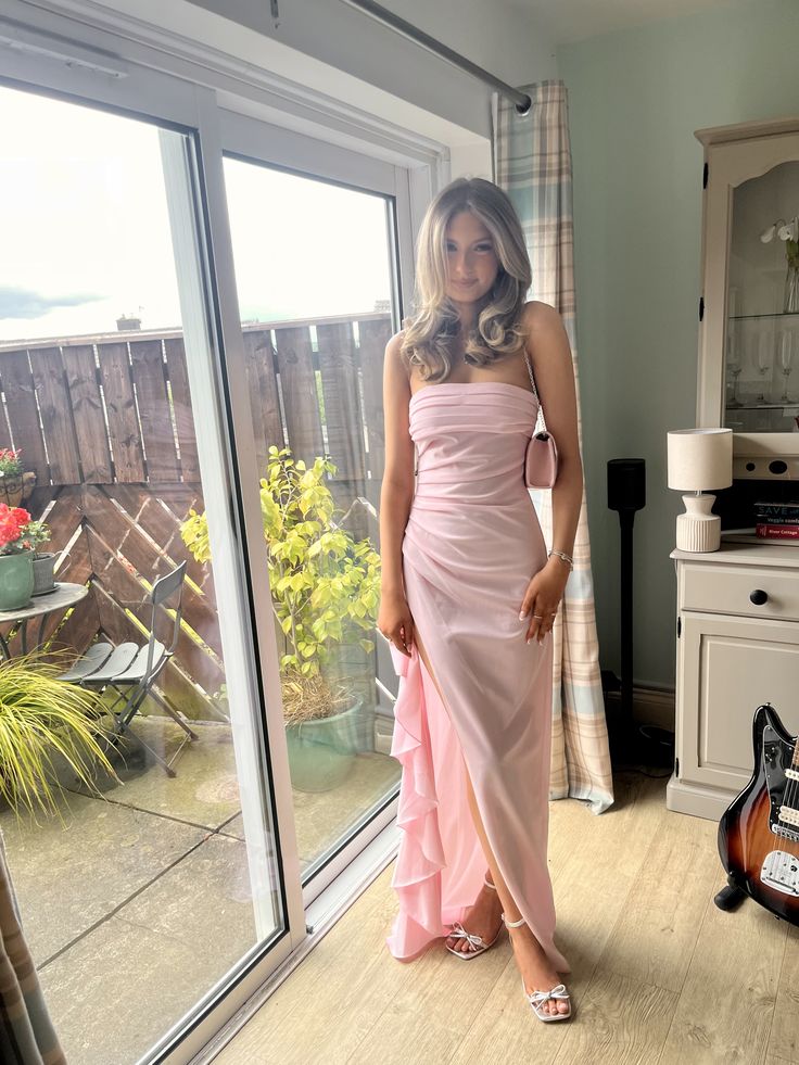 Elegant Pink Mermaid Strapless Ruffled Slit Satin Long Prom Dress Evening Dress cc4900