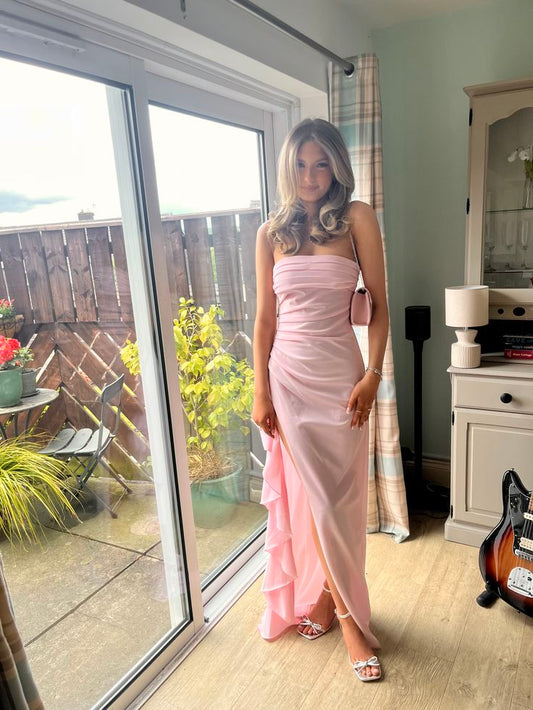 Elegant Pink Mermaid Strapless Ruffled Slit Satin Long Prom Dress Evening Dress cc4900